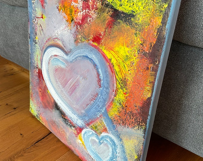 Heart picture original abstract, canvas picture hand-painted 40 x 40 cm love, picture with hearts "heart bonds", two hearts picture love modern unique
