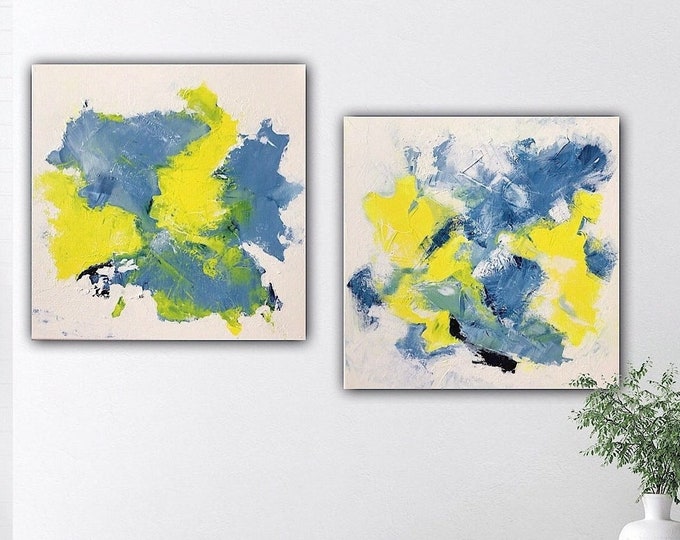 Duo unique sunshine abstract on canvas each 50 x 50 cm original painting abstract yellow white blue, modern art abstract pictures