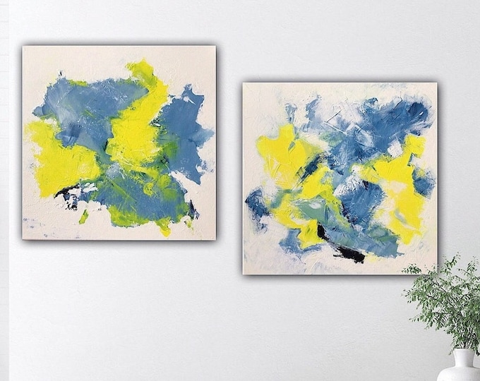 Duo unique sunshine abstract on canvas each 50 x 50 cm original painting abstract yellow white blue, modern art abstract pictures