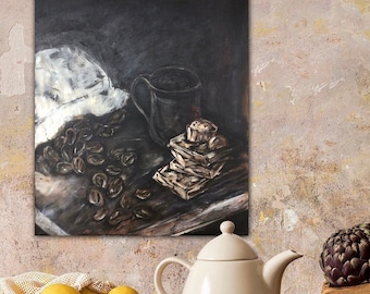 May include: A painting of a still life with a white bag of coffee beans, a dark brown mug, and a stack of light brown cookies on a dark wooden table.