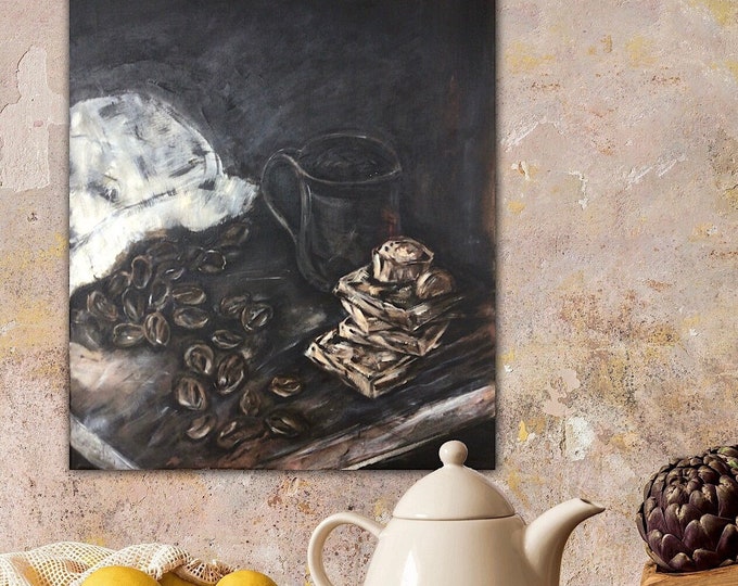 Coffee Chocolate Enjoyment Picture Wall Painting Unique on Canvas 50 x 60 cm, Wall Picture Decoration Coffee Kitchen Dining Room Café Restaurant Painting