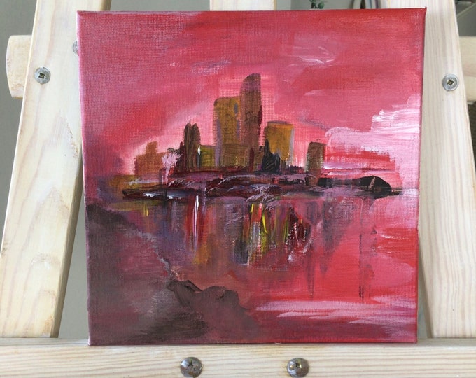 Small New York City picture, acrylic on canvas 20 x 20 cm, landscape painting, impressionistic New York, dramatic red painting abstract