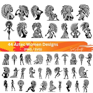May include: A set of 44 black and white vector illustrations of Aztec women wearing headdresses. The designs are labeled "44 Aztec Women Designs (PNG / SVG)".