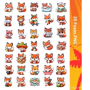 May include: 35 digital illustrations of cute cartoon foxes in various poses and activities. The foxes are wearing different outfits and accessories, such as hats, sunglasses, and backpacks. Some foxes are holding objects, such as a cup of coffee, a donut, and a book. The illustrations are in a cartoon style and are suitable for use in a variety of projects, such as greeting cards, social media posts, and website designs.