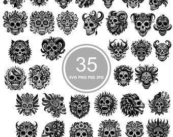 Day of the dead Design SVG, 35 skull svg Bundle, PNG, PSD