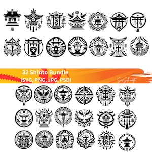 May include: A set of 32 black and white vector illustrations of Shinto symbols. The symbols include torii gates, pagodas, lanterns, and other traditional Japanese designs. The illustrations are perfect for use in digital or print projects.