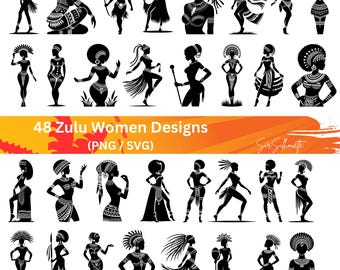 Zulu Women SVG Bundle, 48 native women designs, PNG
