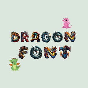 May include: Dragon font design with a green, pink, and blue color scheme. The letters are formed by dragons in various poses. The word "Dragon Font" is spelled out in the image.