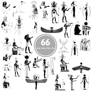 Peut inclure: Un ensemble de 66 illustrations vectorielles en noir et blanc de dieux et déesses égyptiens. Les illustrations sont dans un style traditionnel et présentent diverses divinités, notamment Anubis, Bastet, Horus, Isis, Osiris et Râ.