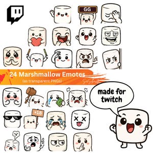 May include: A collection of 24 marshmallow emotes with various expressions, including happy, sad, angry, and surprised. The text "24 Marshmallow Emotes" and "made for twitch" are also visible. These transparent PNGs are perfect for streaming.