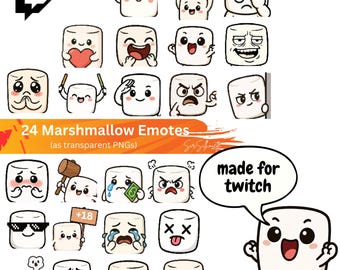 Marshmallow Twitch Emotes Pack - 24 Cute Fluffy Food Stream Graphics