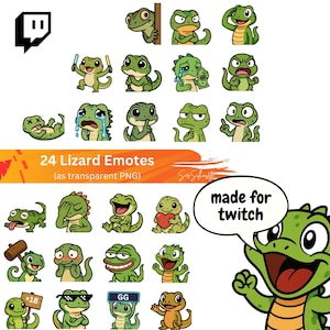 Può includere: Una collezione di 24 emoji di lucertole verdi con varie espressioni, tra cui gioia, tristezza e rabbia. Il testo "24 Lizard Emotes (as transparent PNG)" è visibile. Un fumetto dice "made for twitch". Un logo di Twitch è nell'angolo in alto a sinistra.