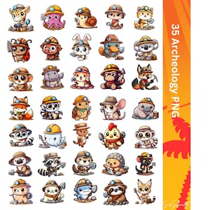 May include: 35 colourful cartoon animal illustrations wearing explorer hats and holding shovels. The animals are digging for treasure in the dirt. The illustrations are perfect for use in digital products, crafts, and more.