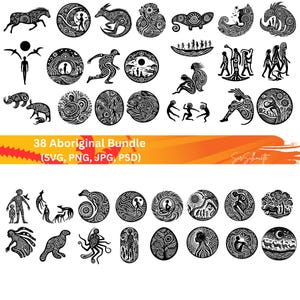 Puede incluir: Un conjunto de 38 elementos de diseño de inspiración aborigen en blanco y negro. Los diseños presentan varios animales, plantas y patrones geométricos. Los diseños son perfectos para usar en manualidades, scrapbooking y otros proyectos creativos.