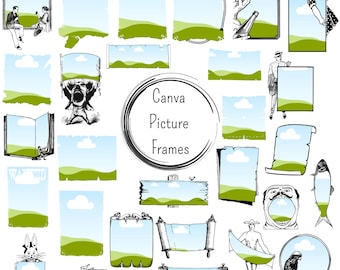 May include: A collection of 25 different picture frames with various designs, including scrolls, clouds, and landscapes. The frames are all black and white and have a vintage aesthetic. The text "Canva Picture Frames" is in the center of the image.