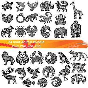 Inuit Animal SVG Bundle, 34 Inuit designs, PNG, PSD