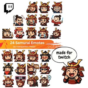 Op de afbeelding: Een verzameling van 24 samurai emotes, als transparante PNG's. De cartoon samurai karakters tonen verschillende emoties en acties. De tekst "made for twitch" is ook aanwezig.