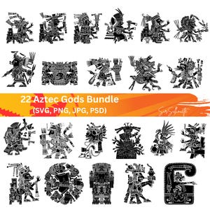 May include: A set of 22 black and white vector illustrations of Aztec gods. The illustrations are in a traditional style and feature intricate details. The title "22 Aztec Gods Bundle (SVG, PNG, JPG, PSD)" is displayed at the top of the image.
