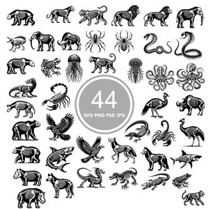 May include: A set of 44 black and white vector illustrations of animal skeletons. The illustrations include a variety of animals, such as a lion, a tiger, a bear, a spider, a scorpion, a jellyfish, an octopus, a bird, a fish, a dinosaur, and a crocodile. The illustrations are in a simple, stylized design and are perfect for use in a variety of projects, such as t-shirts, posters, and website designs.