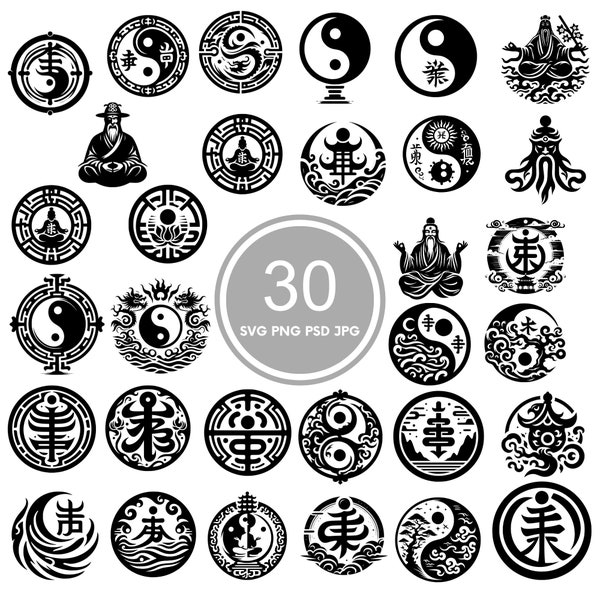Taoism Design SVG, 30 Yin and Yang svg Bundle, PNG, PSD