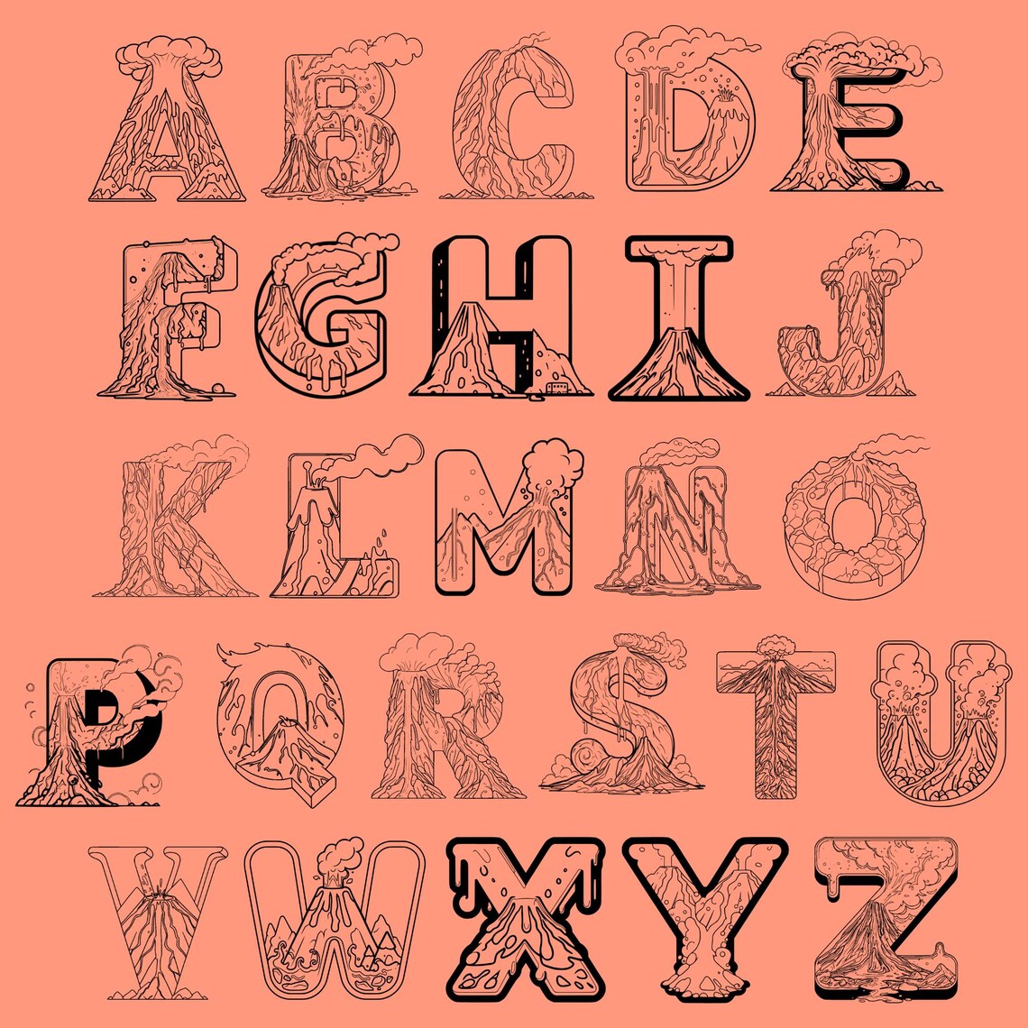 Vulcano Coloring Font, Alphabet With Vulcano Design, Vulcano Letters as ...
