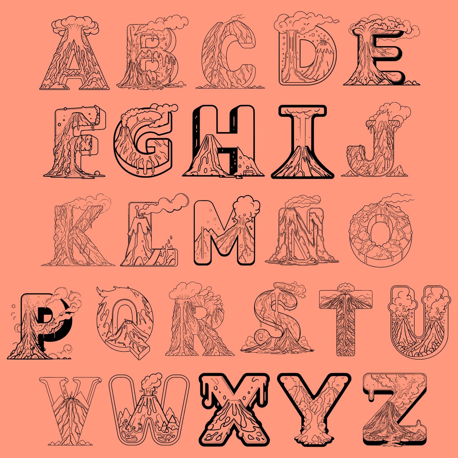 Vulcano Coloring Font, Alphabet With Vulcano Design, Vulcano Letters as ...