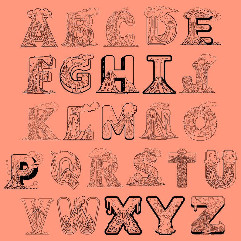 Vulcano Coloring Font, Alphabet With Vulcano Design, Vulcano Letters as ...