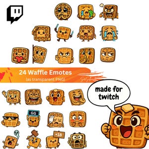 May include: A collection of 24 waffle emotes with various expressions, including crying, angry, and happy faces. The text "24 Waffle Emotes" and "made for twitch" are also visible. The emotes are designed as transparent PNGs.