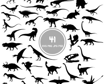 May include: A set of 41 black silhouette dinosaur illustrations. The dinosaurs are in various poses and sizes. The illustrations are perfect for crafting, scrapbooking, or digital design.