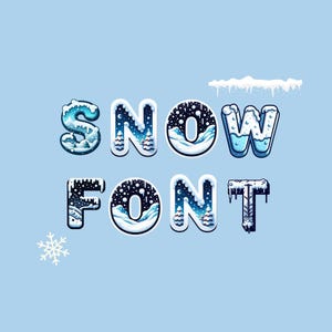 Può includere: Un'illustrazione stravagante delle parole "SNOW FONT" a tema invernale. Ogni lettera è disegnata con dettagli innevati, ghiaccio e paesaggi invernali, su uno sfondo azzurro chiaro. Un fiocco di neve e una cornice di neve completano il design.