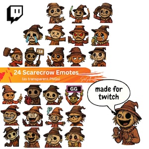 Może przedstawiać: Zestaw 24 emotikonów strachów na wróble z różnymi wyrazami twarzy, w brązowych kapeluszach i strojach. Widoczny tekst "24 Scarecrow Emotes" i "made for twitch". Emotikony to przezroczyste pliki PNG.