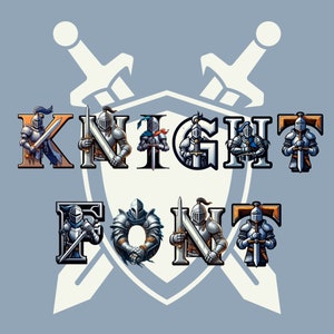 Op de afbeelding: Een ridder-themafont met elke letter die wordt weergegeven door een cartoonridder die een zwaard vasthoudt. De ridders dragen zilveren harnas en hebben verschillende gekleurde mantels en helmen. Het woord "KNIGHT FONT" wordt in hoofdletters weergegeven.