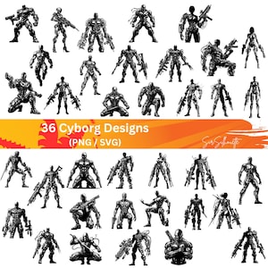 May include: A collection of 36 cyborg designs in black and white. The cyborgs are depicted in various poses, some holding weapons. The image includes the text "36 Cyborg Designs (PNG / SVG)" in a yellow and orange banner.