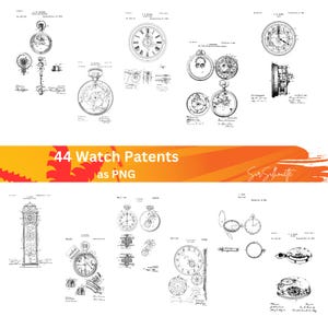 May include: A collection of 44 black and white watch patent drawings. The drawings are in a vintage style and show different types of watches, including pocket watches, wristwatches, and clocks. The drawings are labeled with the patent number and date. The text "44 Watch Patents as PNG" is at the top of the image.