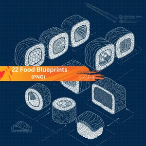 Puede incluir: Ilustración isométrica de varios rollos de sushi y nigiri sobre un fondo de cuadrícula azul. La imagen incluye el texto "22 Food Blueprints (PNG)" en naranja y blanco. El sushi está detallado con ingredientes visibles.