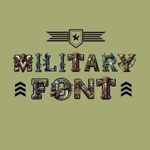 May include: A military-themed font design with the word "MILITARY FONT" in large, bold letters. Each letter is made up of various military-related imagery, such as guns, helmets, and camouflage patterns.