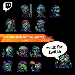 Puede incluir: Un conjunto de 12 emotes de zombis animados, de estilo caricaturesco, con piel verde, ropa morada y varios accesorios. Los emotes muestran diferentes expresiones. El texto dice "12 animated Zombie Emotes (as GIF)" y "made for twitch".