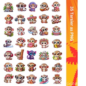 Puede incluir: Una colección de 35 tarsios de dibujos animados en varias poses y atuendos. Los tarsios se representan con ojos grandes y sostienen objetos como café, pesas y una tabla de surf. La imagen incluye el texto "35 Tarsier as PNG" en una barra vertical naranja.