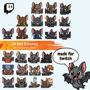 May include: A collection of 24 cartoon bat emotes with various expressions, including happy, sad, and angry. The text "24 Bat Emotes" and "made for twitch" are displayed. The emotes are designed as transparent PNGs.