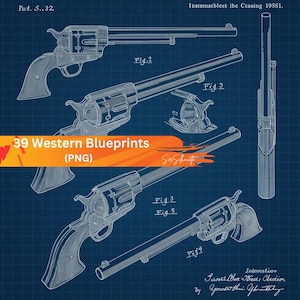 Könnte beinhalten: Detaillierte Blaupausen eines Westernrevolvers auf blauem Rasterhintergrund. Das Bild enthält mehrere Ansichten der Schusswaffe mit Beschriftungen und technischen Details. Der Text "39 Western Blueprints (PNG)" ist ebenfalls vorhanden.