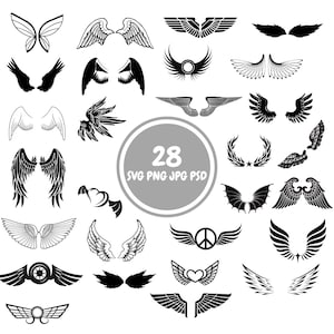 May include: A set of 28 black and white wing designs, including angel wings, bird wings, and other stylized wings. The designs are perfect for use in crafts, scrapbooking, and other creative projects.
