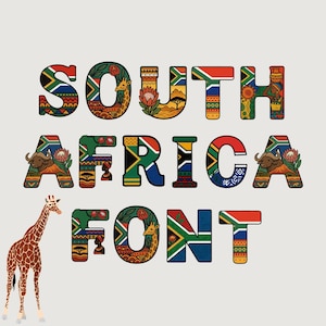 Puede incluir: Un diseño gráfico colorido con el texto "SOUTH AFRICA FONT" en letras decorativas y en negrita. Cada letra está llena de patrones, elementos de la bandera sudafricana e ilustraciones de una jirafa, un búfalo y una flor. Una jirafa está a la izquierda.