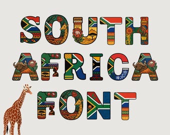 May include: A colorful graphic design featuring the text "SOUTH AFRICA FONT" in bold, decorative letters. Each letter is filled with patterns, South African flag elements, and illustrations of a giraffe, a buffalo, and a flower. A giraffe stands to the left.