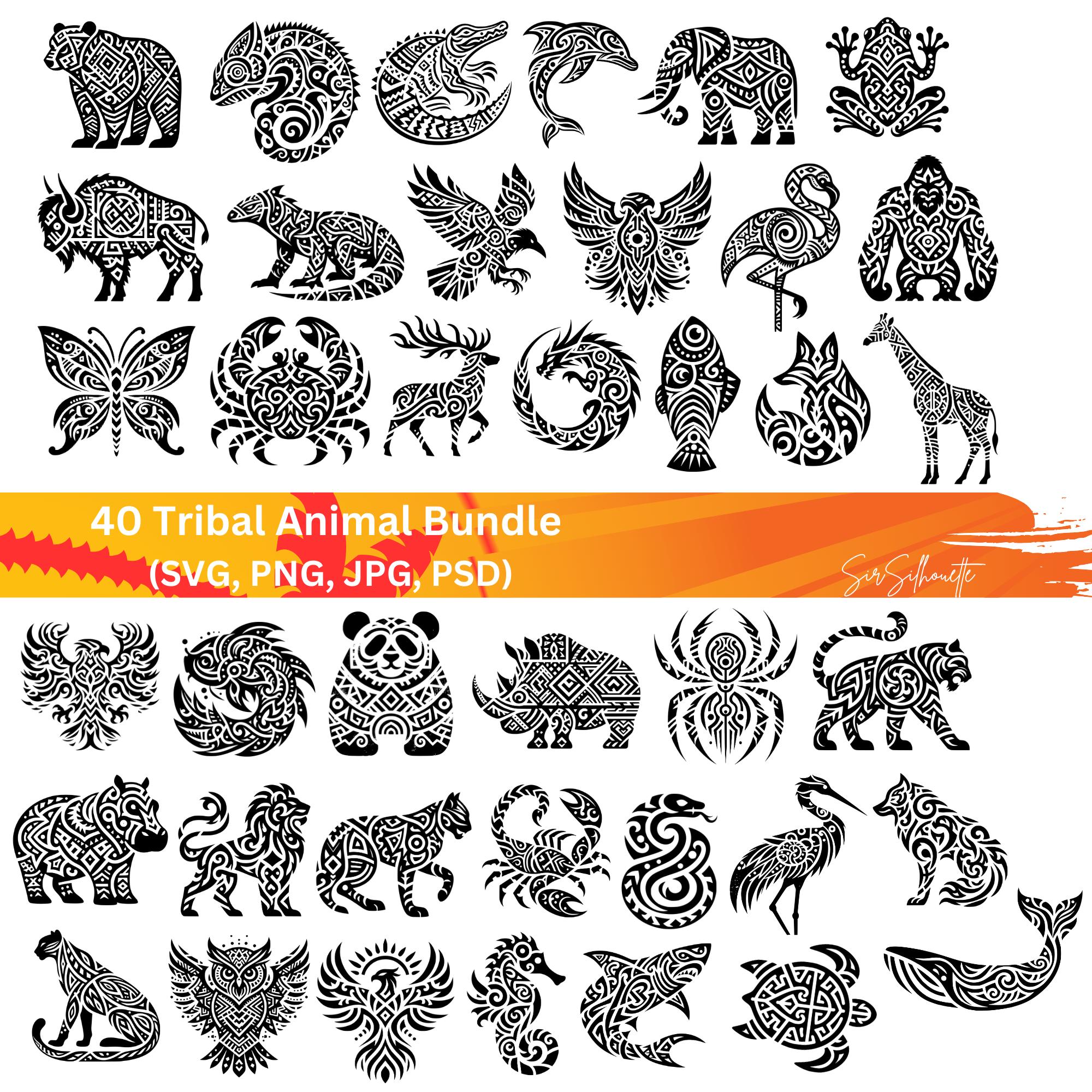 Tribal Animal SVG Bundle, 40 tribal designs, PNG, PSD
