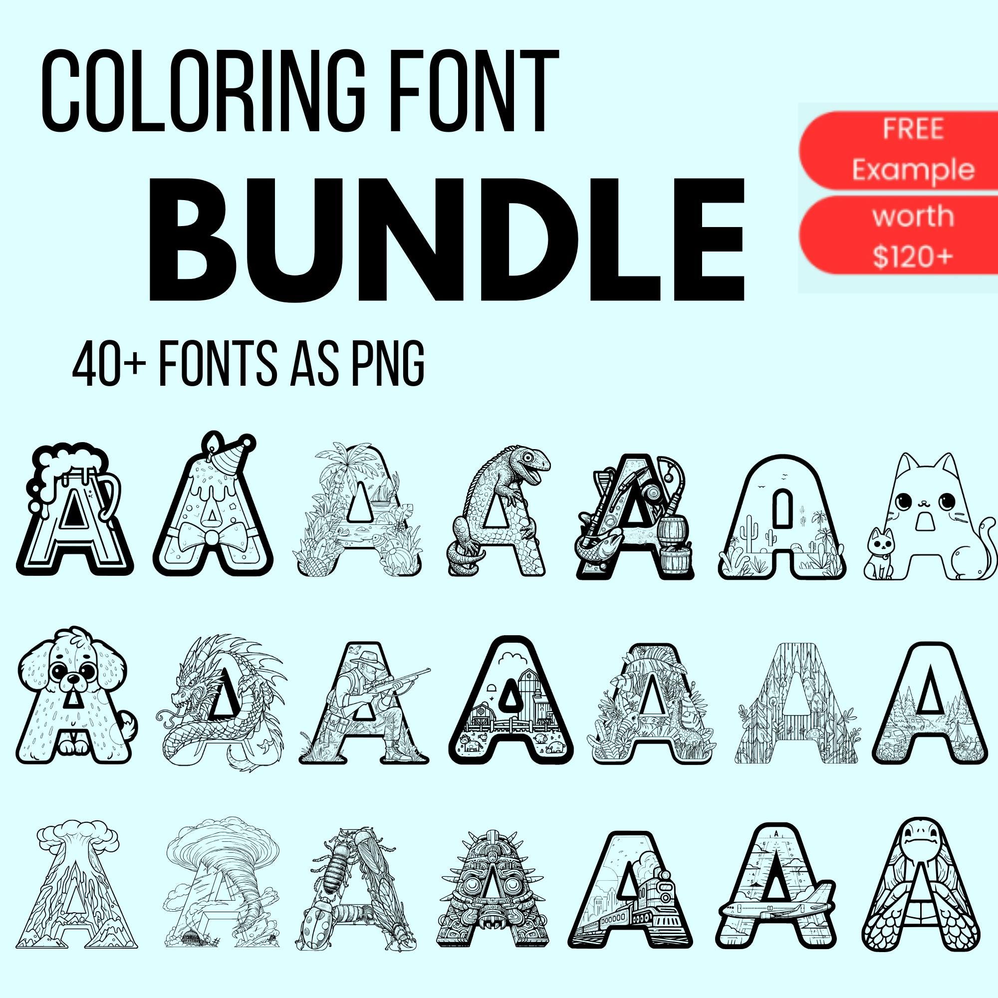 Coloring Font Bundle - 40+ Fonts as PNG to Color Out - Etsy