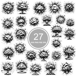 May include: A set of 27 black and white illustrations of explosions. The illustrations are in a variety of styles, with some showing the explosion in mid-air and others showing the aftermath of the explosion.