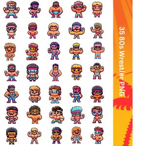 Puede incluir: Un conjunto de 36 luchadores de dibujos animados en varias poses, con atuendos coloridos y cintas para la cabeza. Los luchadores están todos pixelados y tienen rasgos exagerados, que recuerdan a los personajes de los videojuegos de la década de 1980.