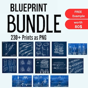 May include: A collection of blueprint prints in PNG format. The image features a variety of technical drawings, including weapons, vehicles, and other mechanical designs, all rendered in white on a dark blue background. The text "BLUEPRINT BUNDLE" is displayed prominently.