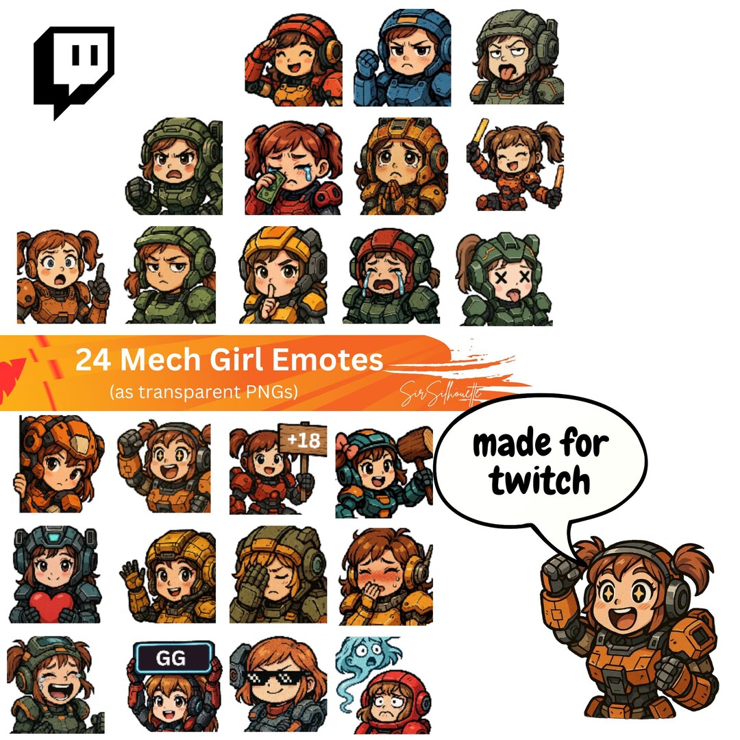 Mech Girl Twitch Emotes Pack - 24 Sci-fi Female Pilot Stream Graphics ...