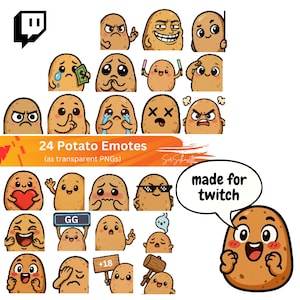 May include: A set of 24 potato-themed emotes with diverse expressions, such as joy, sadness, and anger. The text "24 Potato Emotes" and "made for twitch" are displayed. The emotes are designed as transparent PNGs.